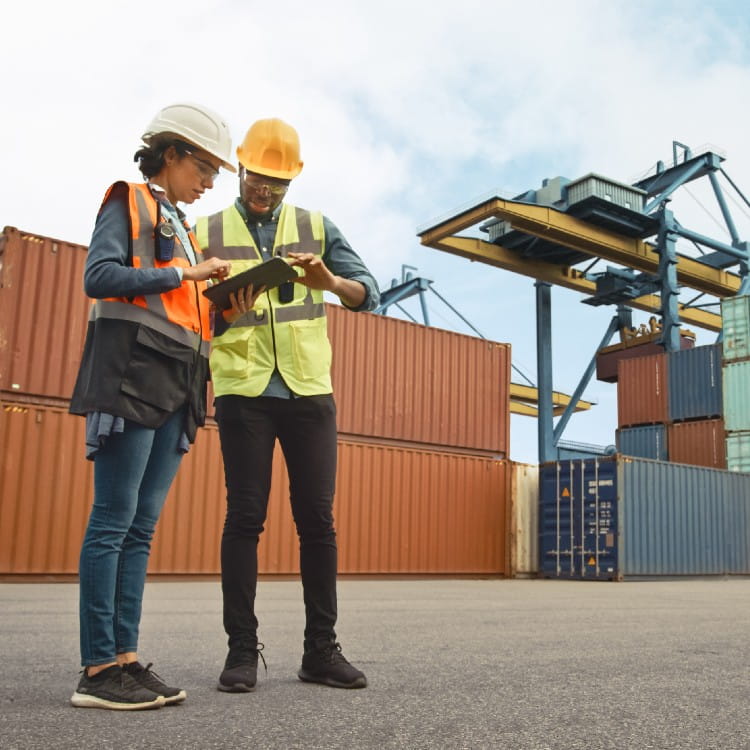 Engineers standing close to shipping containers