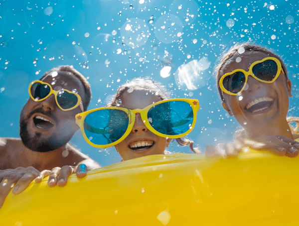 A smiling family wearing yellow sunglasses, viewed from under water, with the background of a bright blue sky.